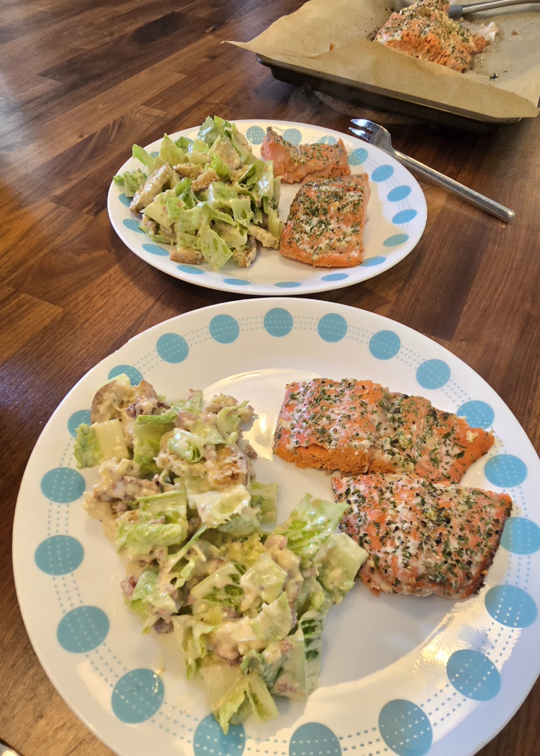 Homemade salmon dinner with salad