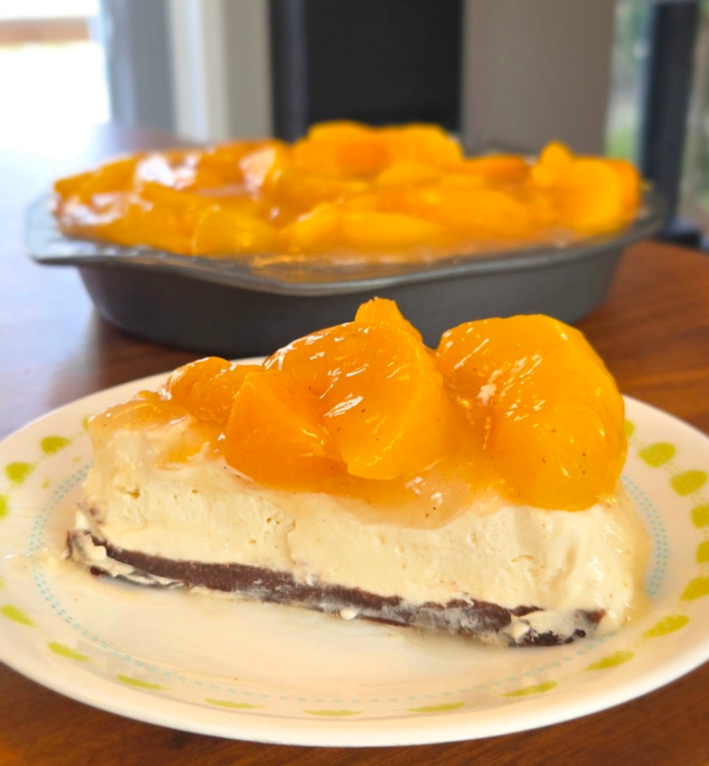 Slice of homemade creamy dessert with orange segments